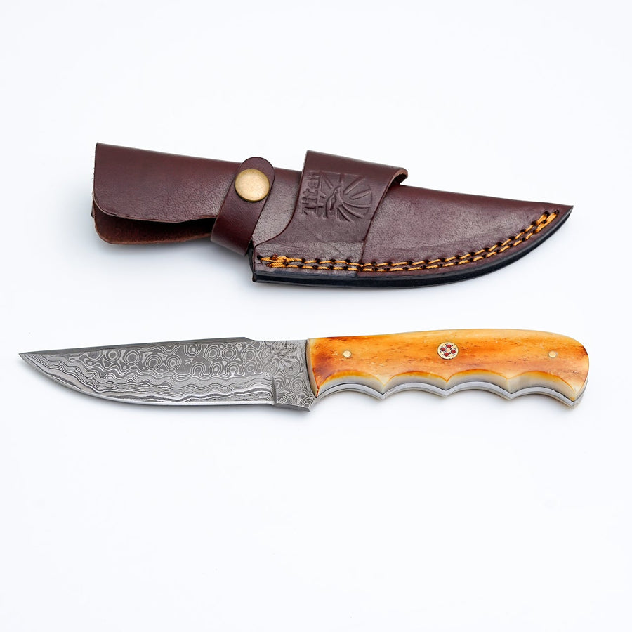 A.5 DAMASCUS STEEL KNIFE BURNT BONE SCALES TD-711